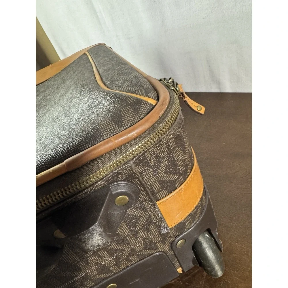 Vintage Michael Kors MK Monogram Rolling Carry-On Suitcase Faux Leather Brown